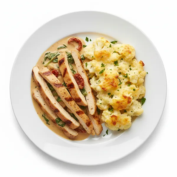 Keto Creamy Tuscan Chicken With Cauliflower Au Gratin